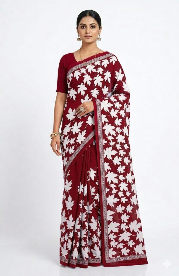 Stylish and trending red color floral printed cotton saree SJ