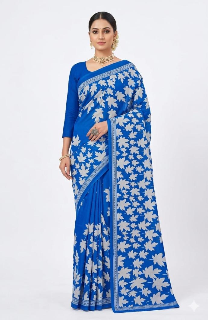Blue color floral printed cotton saree SJ