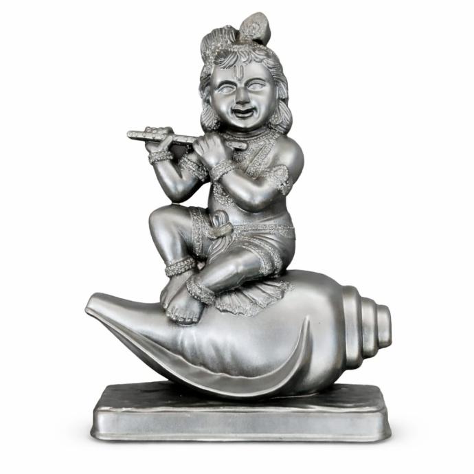 Silver plated Bal Krishna murti on shank for pooja and home decor