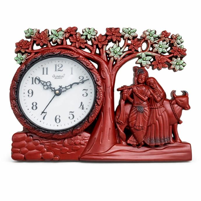 Radhe Krishna Wall Clock  Spiritual Analog Clock with Cows Under Tree  Decorative Clock for Home, Temple, and Gift  5111 Mini Design in Plastic  Glass  with Surprise Gift