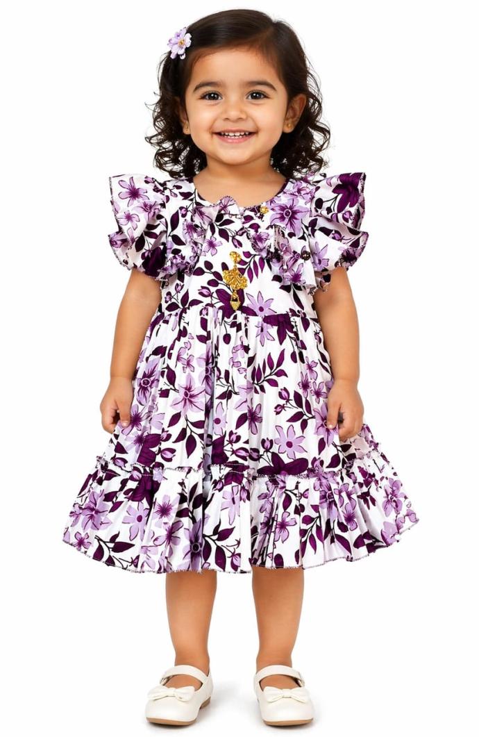 Purple floral printed knee length dress for girls