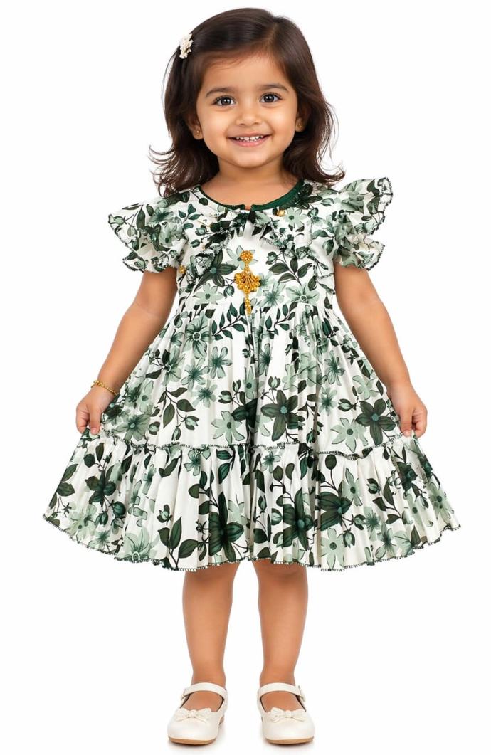 Green floral printed knee length dress for girls