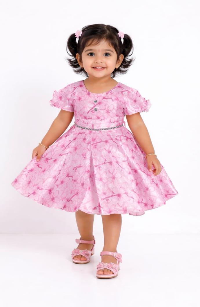 Pink floral printed knee length summer dress for girls
