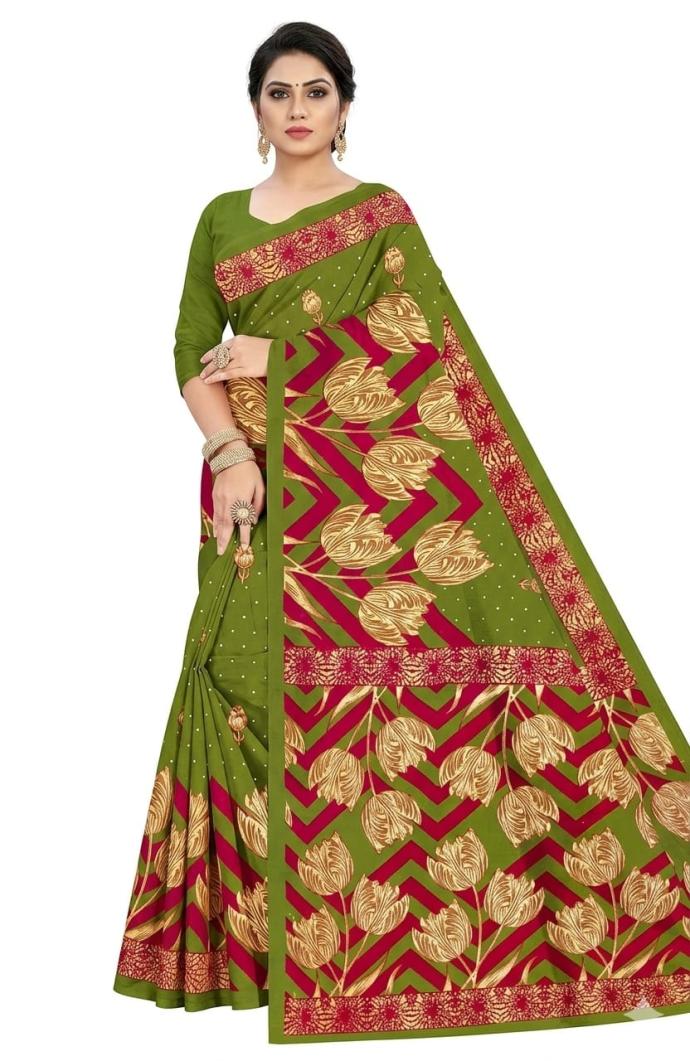 Olive green batik print cotton saree for women