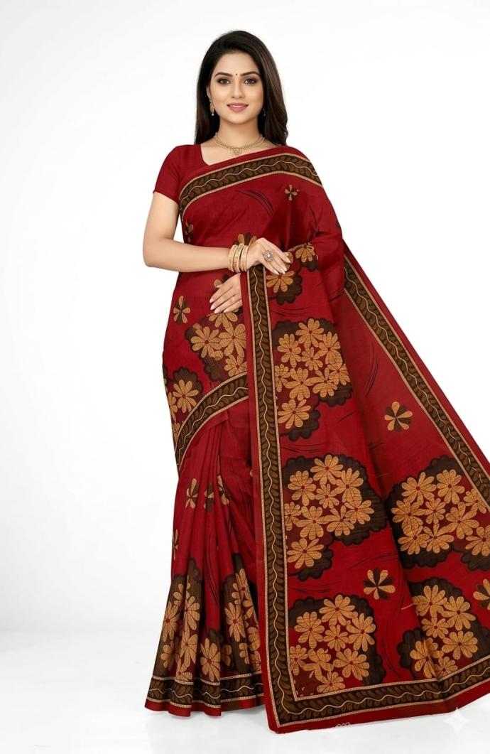 Daily wear stylish red color cotton printed saree