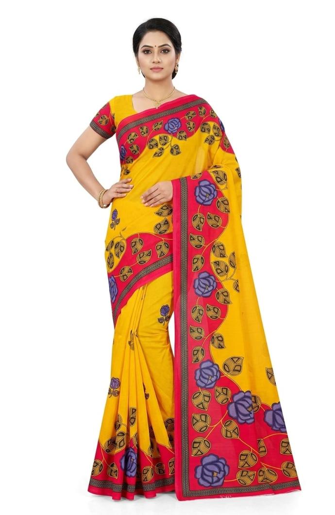 Daily wear stylish yellow color cotton printed saree