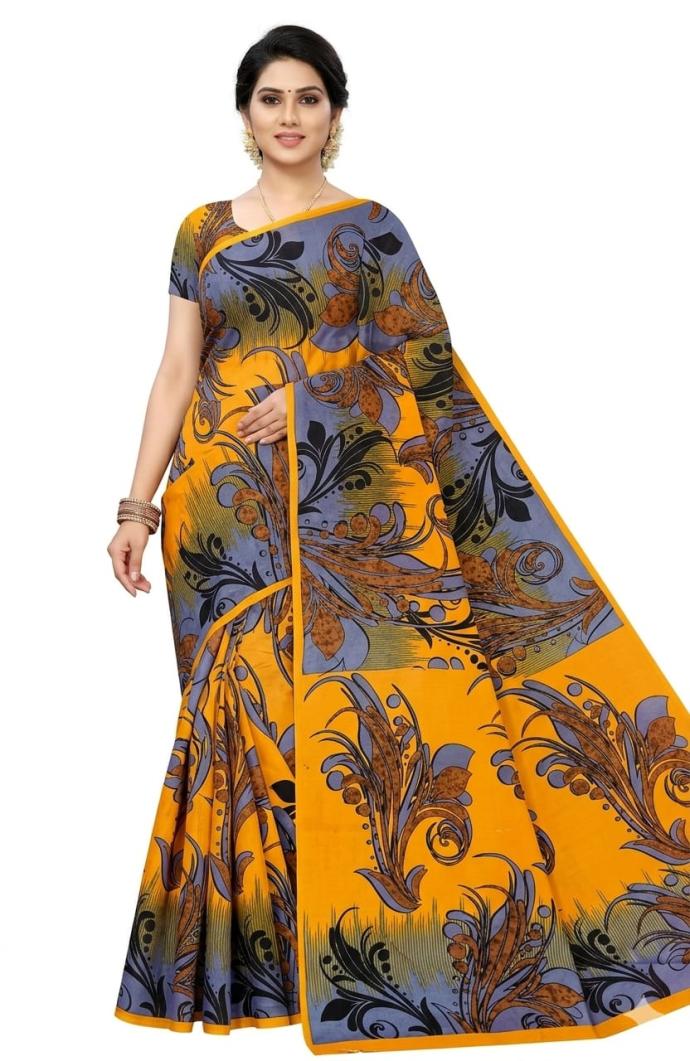 Yellow batik floral print cotton saree for women
