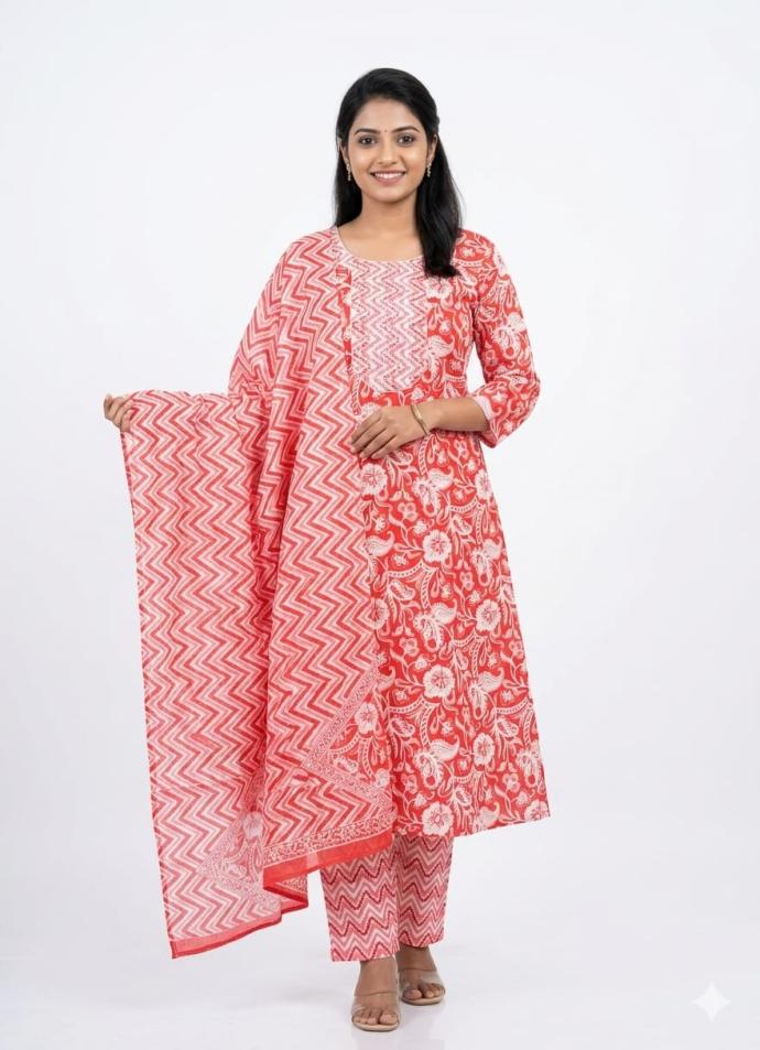 Red colour cotton threepiece kurta set for girl's