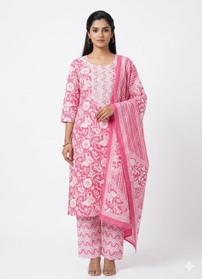 Pink colour cotton three piece kurta set for girl's