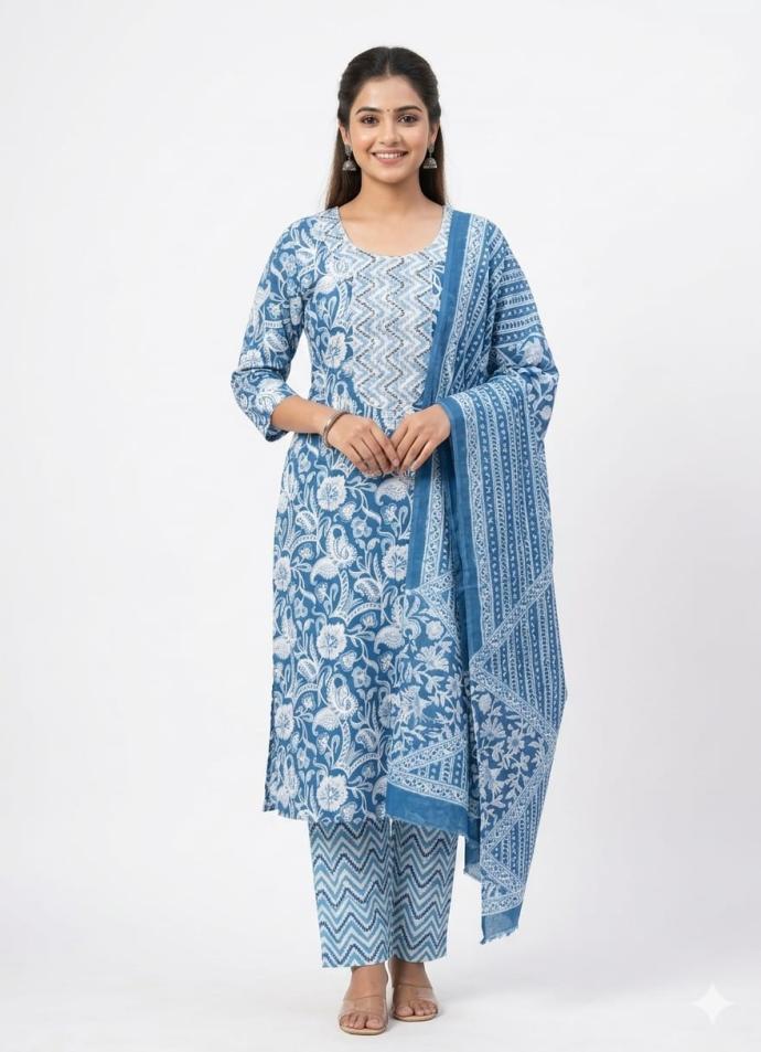 Blue color cotton three piece kurta set for girl's
