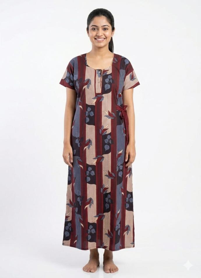 Buy maroon color printed cotton nighty gown for women