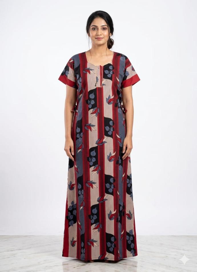 Buy red color printed cotton nighty gown for women