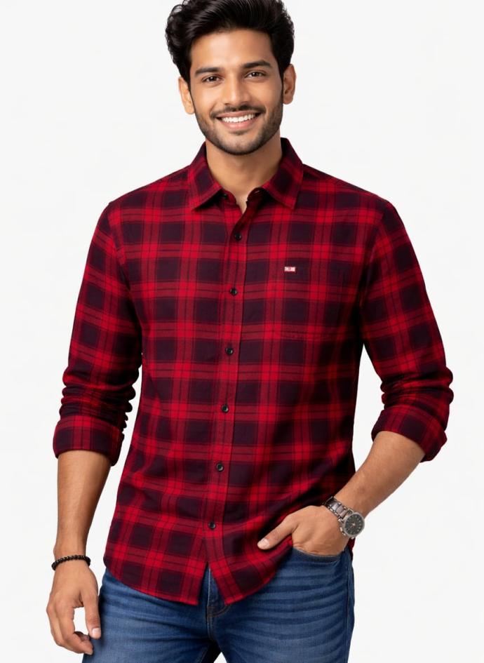 Red and black cotton check shirt for men