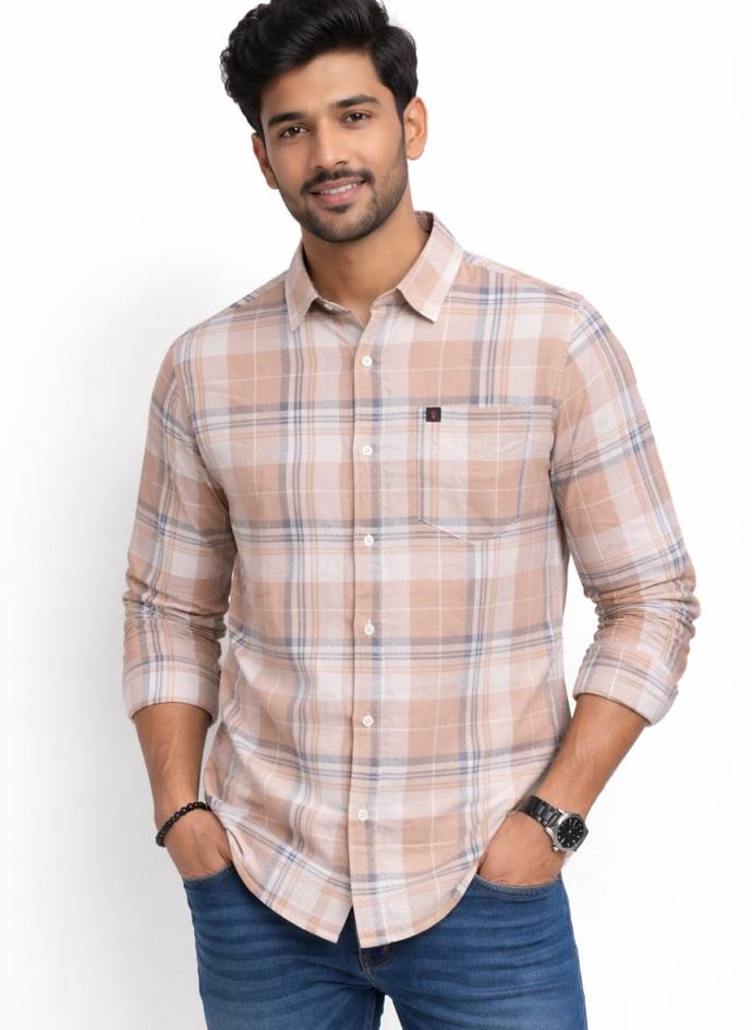 Beige and blue cotton check shirt for men