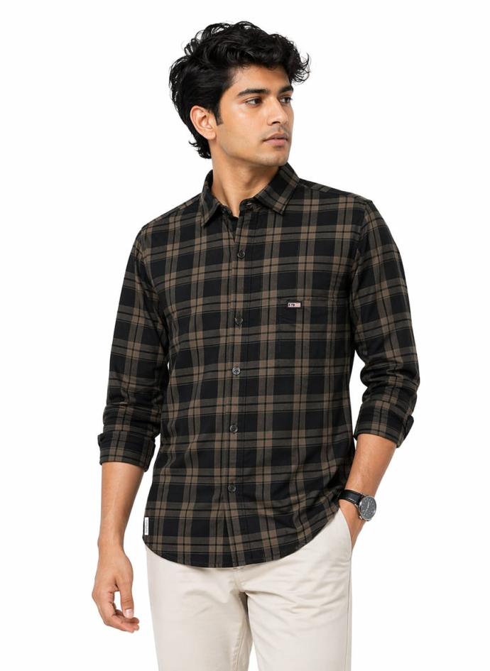 Brown and black cotton check shirt for men