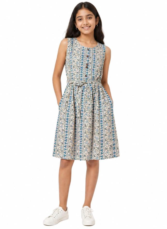 Blue color cotton mini dress for girl's
