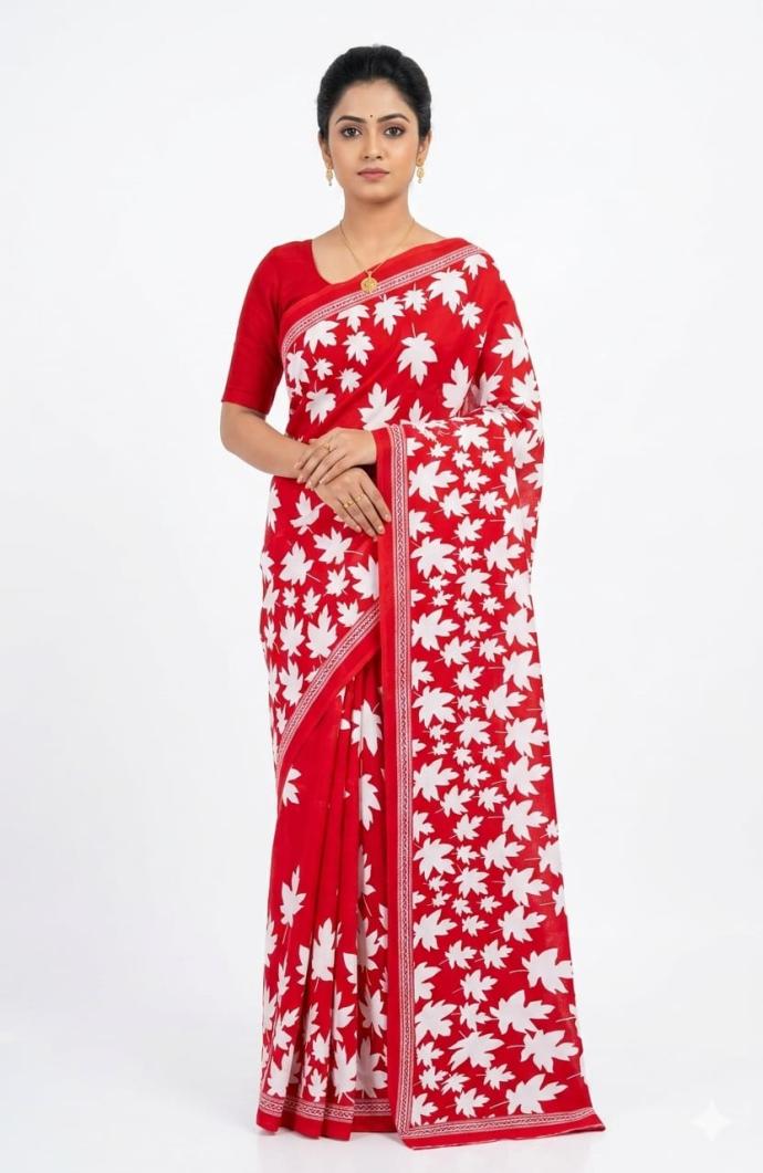 Orange color floral printed cotton saree sdj