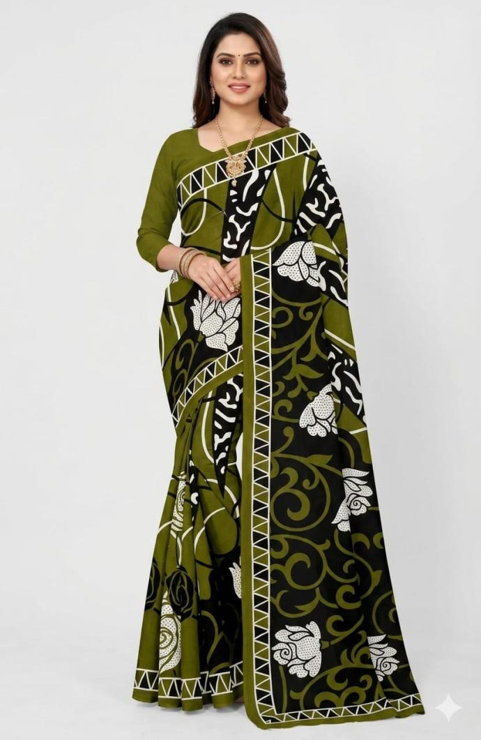 Green hand batik print saree for women's