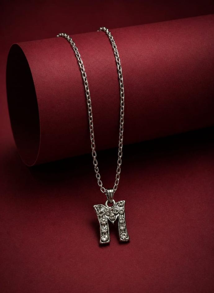 M letter silver colored pendant necklace for men and women