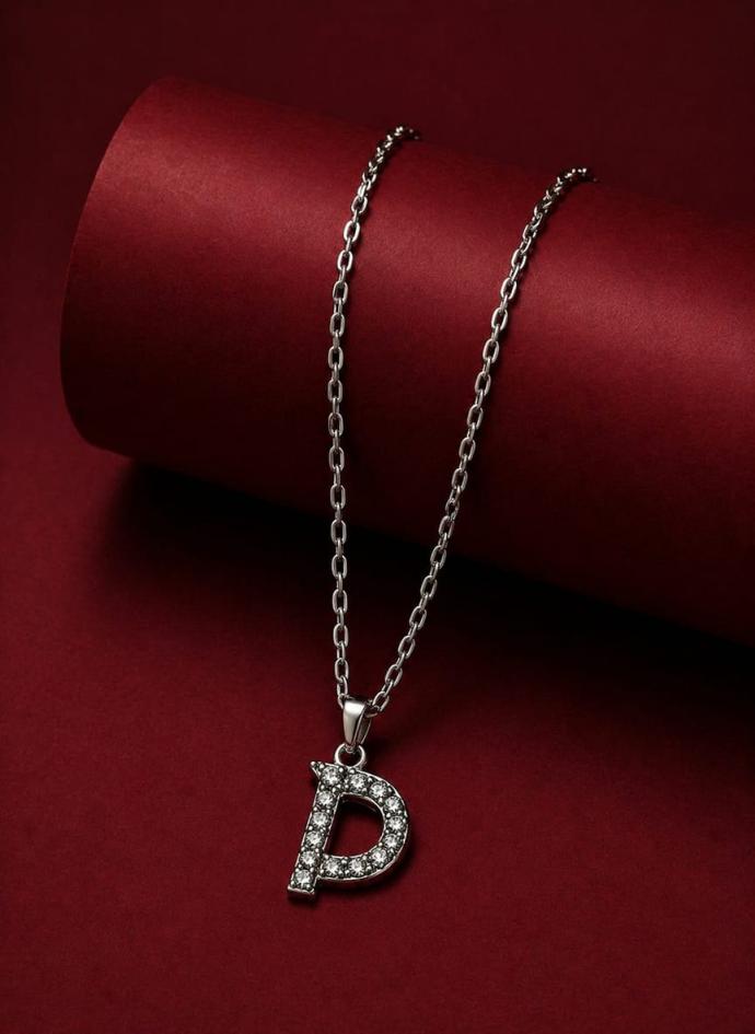 P letter silver colored pendant necklace for men and women