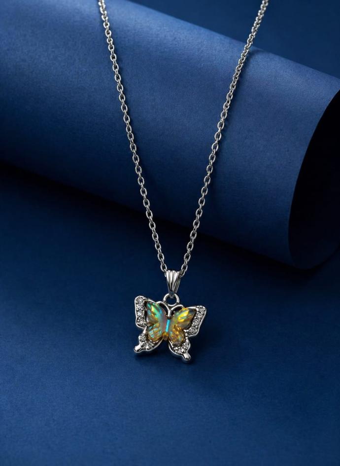 Silver plated chain with blue enamel and crystal butterfly pendant