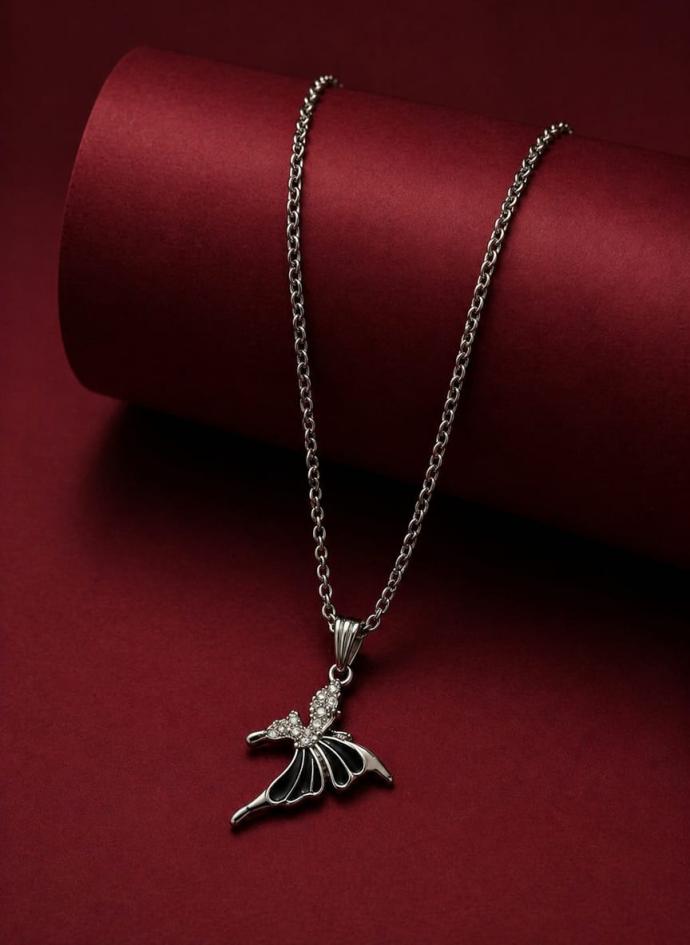 Women silver angel wing chain with crystal accent pendant