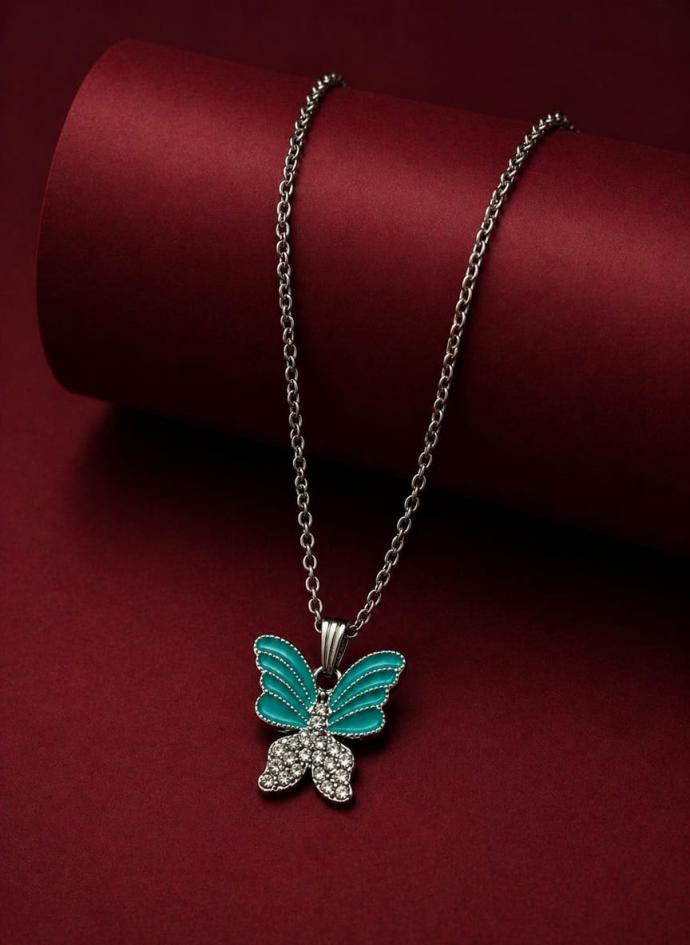 Mint color wings necklace with crystal encrusted butterfly pendant