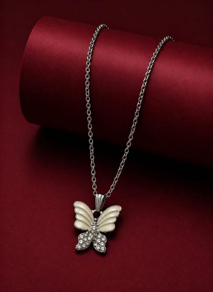 Off white color wings necklace with crystal encrusted butterfly pendant