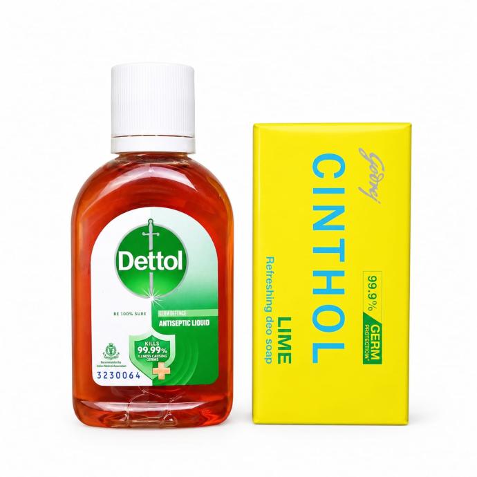 Dettol first aid, surface disinfection and personal hygiene antiseptic liquid 60 ml and cinthol lime refreshing deo soap