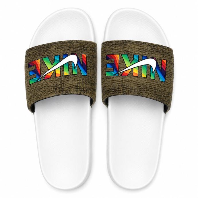 Mens White Slide Slippers with Printed Strap