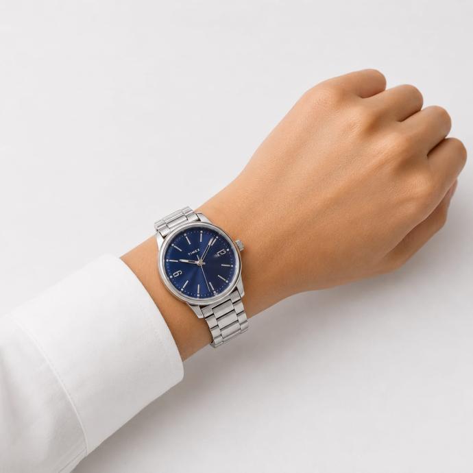 Mens Silver Chain Blue Dial Analog Watch