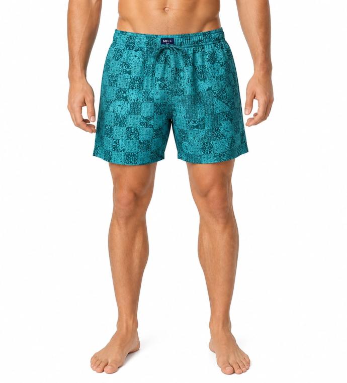 Mens Teal Printed Cotton Boxer Shorts with Elastic Waist