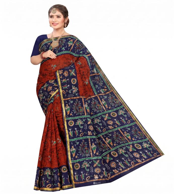 Red  Navy Blue Printed Cotton Saree