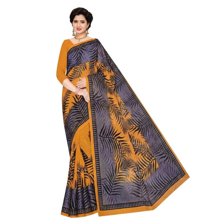 Mustard Yellow  Purple Leaf Print Saree