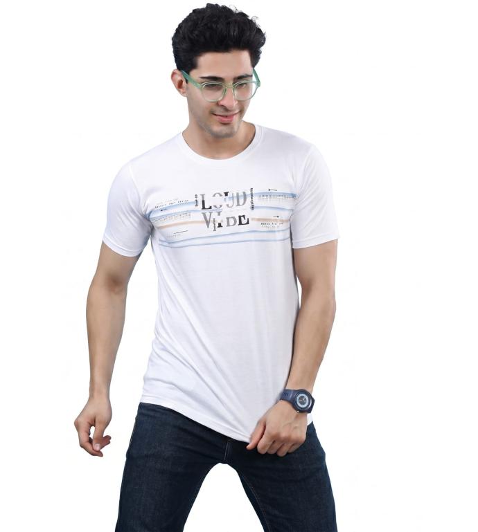 Mens White Printed Round Neck TShirt